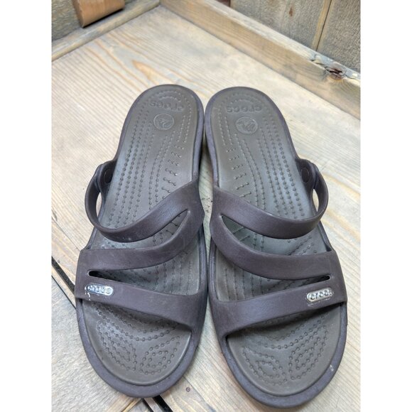 Crocs Womens Brown Strappy Sandals Slip On Low Wedge W7 - Picture 3 of 7